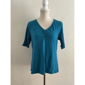 Croft & Barrow V-Neck Top Size L Teal Blue Ruched Short Sleeve Cotton Blend